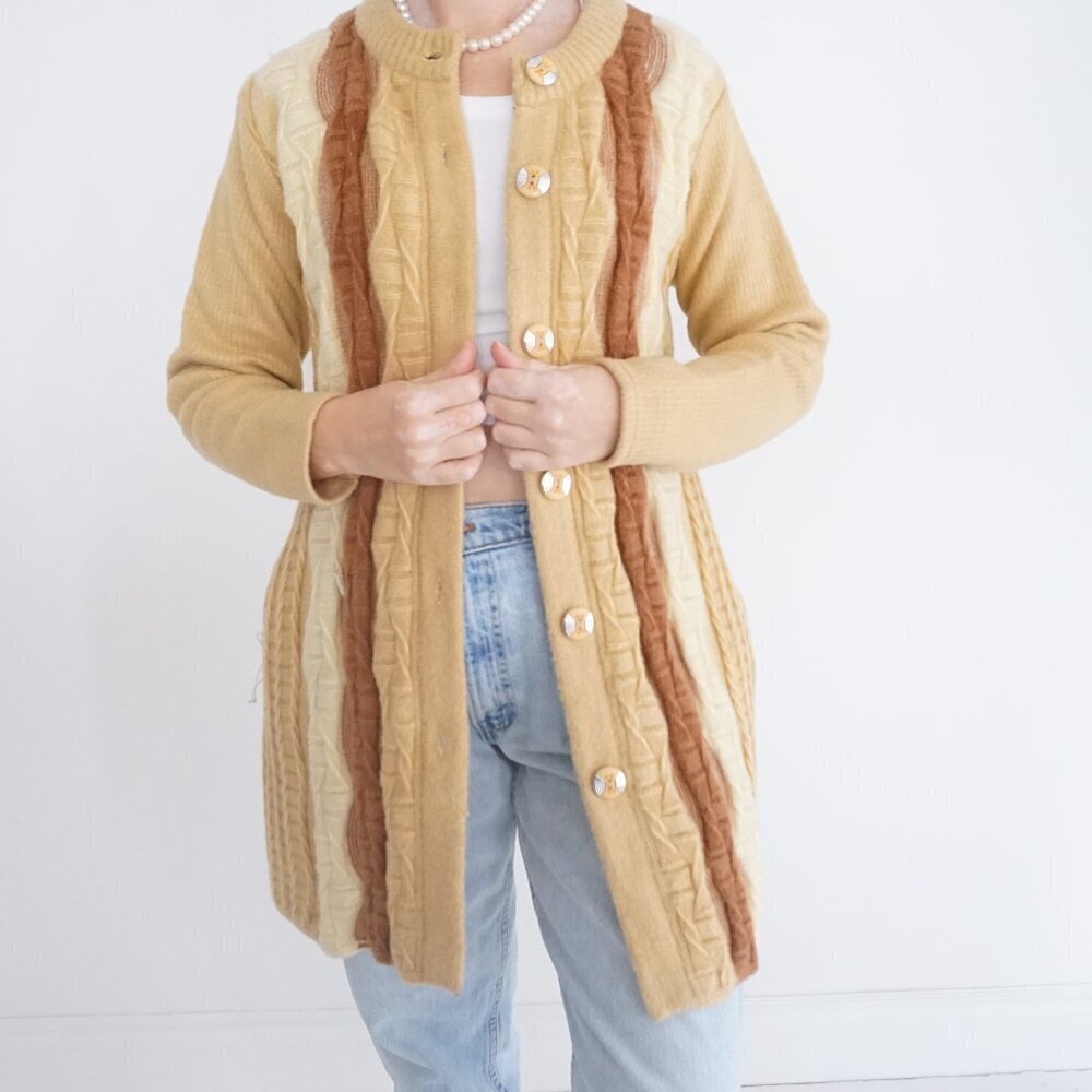 Vintage '60S Mukat Mustard & Brown Cable Knit Button Up Long Cardigan Sweater L